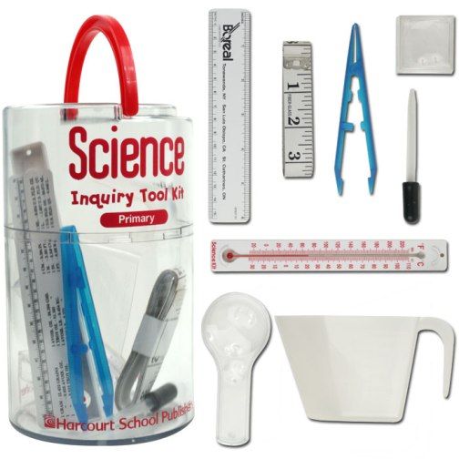 Harcourt School Publishers 80-8956 Science Primary Inquiry Tool Kit, 9 Piece, Magnifying box, Measuring cup (cups and milliliters) measures up to 1 cup, Ruler (inches and centimeters) measures up to 6 inches, Tape measure (inches and centimeters) measures up to 160 inches, Thermometer (Celsius and Fahrenheit), Storage case with handle dimensions: 4.625 x 4.625 x 7.75 inches (808956 80 8956 808-956)