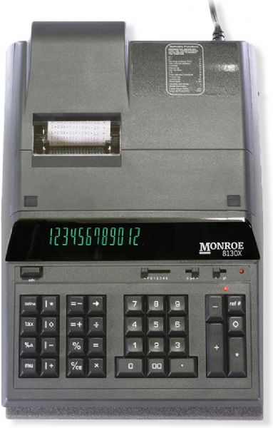 Monroe 8130X, Black Color, Printing Calculator, Print speed of 5 lines per second, Slide switch to select running subtotal or grand total, Enclosed paper roll to protect from dust build up, Indicator lamp (making users aware of an active calculation), Automatic total print above tear-off off knife, Hidden storage compartment for a spare paper roll and a twin-spooled ribbon to reduce downtime, UPC 765148181300 (8130X 8130-X 8130 X MONROE-8130X)