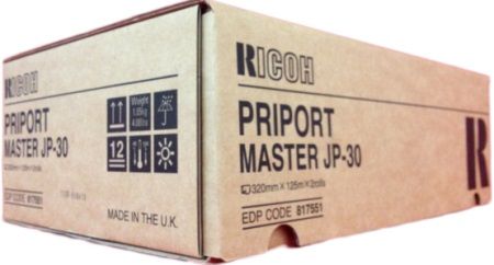 Ricoh 817551 Model JP-30 Priport Master Roll (2 Pack) for use with Priport PriPort JP-3000 Printer Digital Duplicators; Dimensions 320mm x 125m; New Genuine Original OEM Ricoh Brand, UPC 708562001380 (81-7551 817-551 8175-51 JP30 JP 30) 