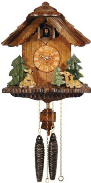 River City Clocks 820-11Q, 11 Inch Deer Family Cuckoo Clock, Clocks have great detail with a deeper carve then most cuckoo clocks, Night shut off mechanism for disabling cuckoo and sounds during sleeping hours, Background of stream and forest sounds and echos (82011Q 820 11Q 820-11)