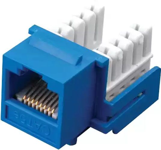 Vanco 820556 Category 5E 90 Degree Keystone Inserts; Innovative Pyramid Shaped Punch-Down Block for Easy Conductor Insertion; Compatible with Leviton, ICC, Allen Tel and Many Others; 90 Degree, 110 Style IDC Punch Down; Accepts 23-24 AWG Solid Cable; Accepts T568A or T568B Standard Wiring; 50 Microns Gold Plating; Meets EIA/TIA 568B.1; Includes Dust Cover; UL Listed; Blue Color; Dimensions 0.5