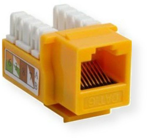 Vanco 820817 CAT6 90 Degree Keystone Insert;  Orange; Innovative Pyramid Shaped Punch-Down Block for Easy Conductor Insertion; Compatible with Leviton, ICC, Allen Tel and Many Others; 90 Degree, 110 Style IDC Punch Down; Accepts 23-24 AWG Solid Cable; Accepts T568A or T568B Universal Wiring; 50 Microns Gold Plating; UPC 741835085182 (820817 820-817 820817KEYSTONE 820817-KEYSTONE 820817VANCO 820817-VANCO)