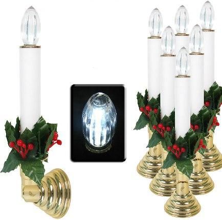 Trademark 82-2192 Set of 6 Individual LED Candles - Cordless, Bright LED light, Base pivots 90 degrees, Holly easily pulls off for year round lighting, Heavy duty suction cup on base, Cordless - Requires 2 