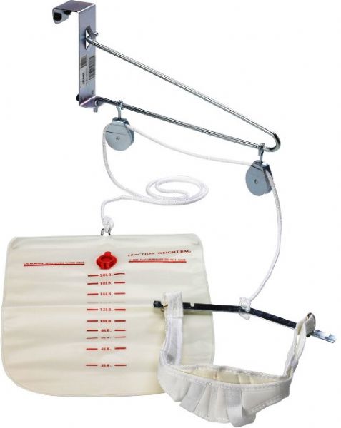 Drive Medical 13004 Over Door Traction Set; Heavy-duty head halter comes complete with metal support and self-attaching closures; Complete with 12 adjustable spreader bar, 8' traction rope, double-sealed rings, water bag and S hook; Machine washable; One size fits all; Dimensions 3.25