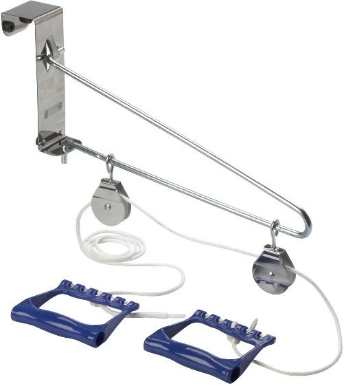 Drive Medical 13005 Over Door Exercise Pulley; For use when sitting or standing; Designed to safely and easily increase range of motion; Easily fits over standard door; Comes complete with door bracket, pulleys, cord and handles; Dimensions 14.25