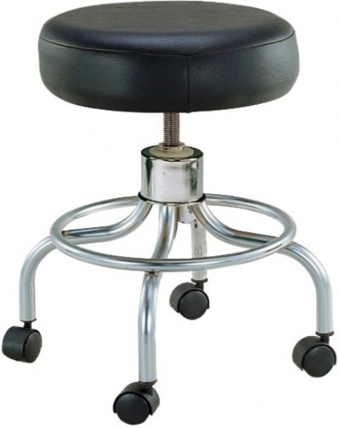 Drive Medical 13034 Wheeled Round Stool; Smooth screw height adjustment; Solid steel screw shaft; 1 chrome plated steel tubular construction; 14 seat diameter; 4 thick padded seat (black); Four hooded casters; Dimensions 17.5