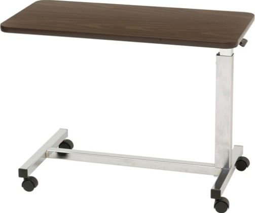 Drive Medical 13081 Low Height Overbed Table; Designed specifically for use with low beds with a 3.25 frame to floor clearance; Spring loaded lift mechanism, provides infinite adjustment from 19
