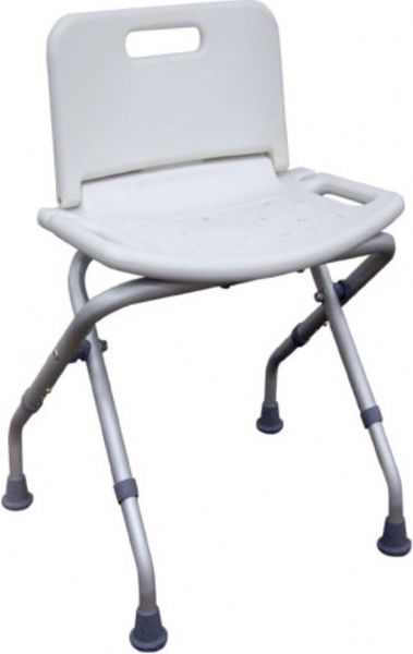 Drive Medical 12487 Folding Bath Bench, With Back; Blow molded bench provides comfort and strength; Drainage holes in seat reduce slipping; Aluminum frame is lightweight, durable and corrosion proof; Angled legs provide additional stability; Conveniently folds down flat; Dimensions 22.5