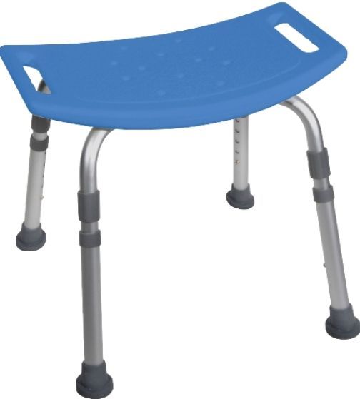Drive Medical 12203KDRB-1 Bathroom Safety Shower Tub Bench Chair, Blue; Drainage holes in seat reduce slipping; Aluminum frame is lightweight, durable and corrosion proof; Angled legs with suction style tips provide additional stability; Support collar prevents leg movement; Environment friendly product; Easy to clean; Easy, tool free assembly of seat and legs; UPC 822383225210 (DRIVEMEDICAL12203KDRB1 DRIVE MEDICAL 12203KDRB-1 BATHROOM SAFETY SHOWER TUB BENCH CHAIR BLUE)