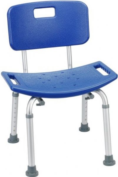 Drive Medical 12202KDRB-1 Bathroom Safety Shower Tub Bench Chair With Back, Blue; Drainage holes in seat reduce slipping; Aluminum frame is lightweight, durable and corrosion proof; Angled legs with suction style tips provide additional stability; Support collar prevents leg movement; Environment friendly product; Easy to clean; UPC 822383225272 (DRIVEMEDICAL12202KDRB1 DRIVE MEDICAL 12202KDRB-1 BATHROOM SAFETY SHOWER TUB BENCH CHAIR BLUE)