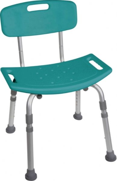 Drive Medical 12202KDRT-1 Bathroom Safety Shower Tub Bench Chair With Back, Teal; Drainage holes in seat reduce slipping; Aluminum frame is lightweight, durable and corrosion proof; Angled legs with suction style tips provide additional stability; Support collar prevents leg movement; Environment friendly product; Easy to clean; Easy, tool free assembly of seat and legs; UPC 822383225289 (DRIVEMEDICAL12202KDRT1 DRIVE MEDICAL 12202KDRT-1 BATHROOM SAFETY SHOWER TUB BENCH CHAIR BACK TEAL)