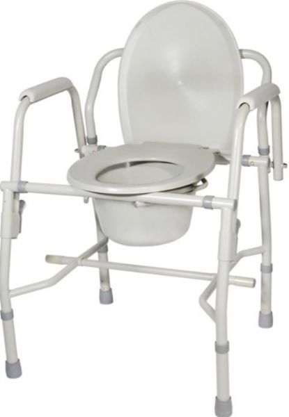 Drive Medical 11125KD-1 Steel Drop Arm Bedside Commode With Padded Arms; Easy to assemble frame; Easy-to-release drop arm mechanism allows for safe lateral patient transfers to and from commode; Ideal for those with limited dexterity; Legs are height adjustable; Easy to clean grey powder coated steel finish; Plastic armrests and back provide extra comfort and support; UPC 822383227498 (DRIVEMEDICAL11125KD1 DRIVE MEDICAL 11125KD-1 STEEL DROP BEDSIDE COMMODE PADDED ARMS)