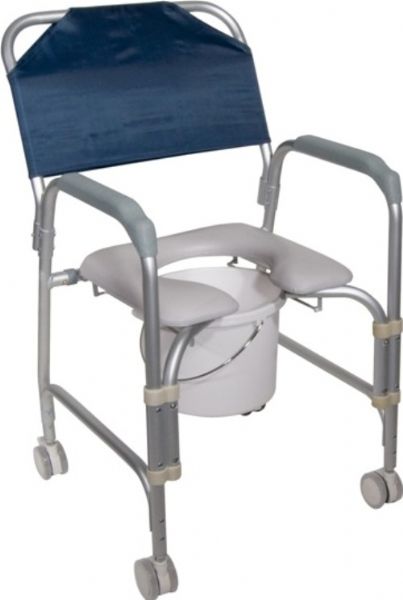 Drive Medical 11114KD-1 Aluminum Shower Chair And Commode With Casters; Easy-to-assemble frame; Padded, open front, vinyl toilet seat; Aluminum construction is lightweight and durable; 3