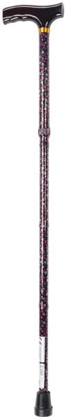 Drive Medical 10304BF-1 Lightweight Adjustable Folding Cane With T Handle, Black Floral; Cane folds into 4 convenient parts for easy storage; Handle height adjusts in 1 increments from 33