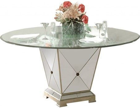 Bassett Mirror 8311-601-906EC Model 8311-601-906 Hollywood Glam Borghese Dining Pedestal Table, Antique French look turned extraordinary, Antiqued beveled mirror surfaces, this piece features a silver leaf finish and provides a unique reflection of your own personal style, Dimensions 60
