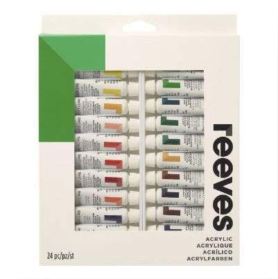 Reeves 8394211 Acrylic 24 Color Set 10ml, Quantity 24; Acrylic paints are quick drying, easy to use, clean up with soap and water, and are very versatile; Can be used straight from the tube or diluted with water for various effects; Waterproof and durable when dry; Shipping Dimensions 0.79 x 8.11 x 9.37 inches; Shipping Weight 0.93 lb; UPC 780804861860 (REEVES8394211 REEVES-8394211 REEVES/8394211)