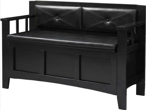 Linon 84021BLK-01-KD-U Carlton Padded Bench, Black Finish, Black Vinyl Padded Back and Seat, Create added seating and storage to any space in your home, Flip-top lid, Will easily complement your homes decor, 44.5