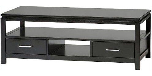 Linon 84027BLK-01-KD-U Sutton Coffee or Cocktail Table, Black Finish, 2 large drawers, 1 fixed shelf, Constructed from rubber wood and rubber wood veneers over particle board and MDF, Contemporary chrome finished hardware, Rubber wood and Rubber wood Veneers over Particle Board, MDF, 44