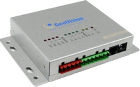 GeoVision 84-IOB04-100 Model GV-IO Box 4 Port, 4 inputs and 4 outputs are provided, Up to 9 pieces of GV-I/O Box 4 Ports can be chained together, A USB port is provided for PC connection, and it is only used for 30 DC output voltage (84IOB04100 84IOB04-100 84-IOB04100 GVIO GV IO)