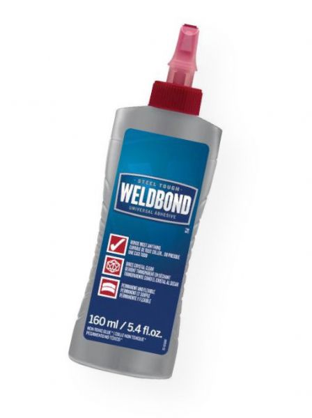 Weldbond 8-50160 Universal Adhesive 5.4 oz Bottle; Recommended for many types of wood, it gives amazing flexibility to glue joints; Use on hard or soft woods, foam, plastics, stained glass, mosaics and tile; Formulation can be reduced with water for sealing porous areas or used as a primer prior to painting; Latex-free, non-toxic and acid-free; Shipping Weight 0.44 lb; UPC 058951501602 (WELDBOND850160 WELDBOND-850160 WELDBOND-8-50160 WELDBOND/850160 850160 ADHESIVE)