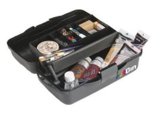 Alvin 8512MB Artbin Essentials One-Tray Box; Made of durable plastic with tongue-and-groove construction; Removable tray dividers create storage compartments for different sized supplies; Tip-Guard supports elevated trays without tipping for viewing of supplies in lower tray and bottom bin; Secure, tight latch; Overall size: 15