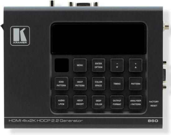 Kramer 860 Model 4K60 4:4:4 HDCP 2.2 HDMI 2.0 18G Signal Generator and Analyzer; Max. Resolution: 4K at 60Hz (4:4:4); Standards Compliance: HDMI 2.0, DVI 1.0 and HDCP 1.4/2.2; Data Path Analysis: Source and sink up to 18G HDMI signals (6G per graphic channel); Analysis of HDMI Data Packet; Analysis and Control of HDCP v1.4 and v2.2; Analysis and Emulation of EDID Data Including SCDC (KRAMER860 KRAMER-860 KRAMER 860)