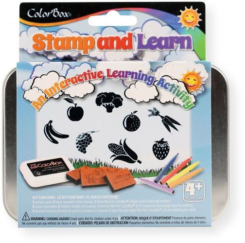 ColorBox 86016 Stamp and Learn Lets Eat Kit; Each tin includes a set of eight themed object stamps, an inkpad, five markers, and pre printed cards; Work with the child to match the object to the word on the card, then create a set of colorful reusable flashcards using the supplies included; Ages over 4; UPC 746604860168 (CS86016 CS-86016 86016 COLORBOX86016 COLOR-BOX-86016 COLORBOX-86016)