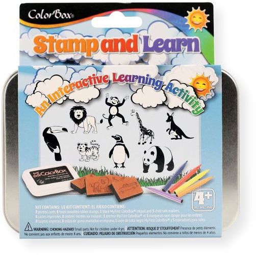 ColorBox 86017 Stamp and Learn Into The Wild Kit; Each tin includes a set of eight themed object stamps, an inkpad, five markers, and pre printed cards; Work with the child to match the object to the word on the card, then create a set of colorful reusable flashcards using the supplies included; Ages over 4; UPC 746604860175 (CS86017 CS-86017 86017 COLORBOX86017 COLOR-BOX-86017 COLORBOX-86017)