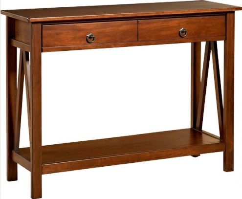 Linon 86152ATOB-01-KD-U Titian Console Table, Pine and Painted MDF, Antique Tobacco Finish, Simple yet eye-catching design, Versatile Design, Two drawers provide ample storage space, Will easily complement your homes dcor, 42.01