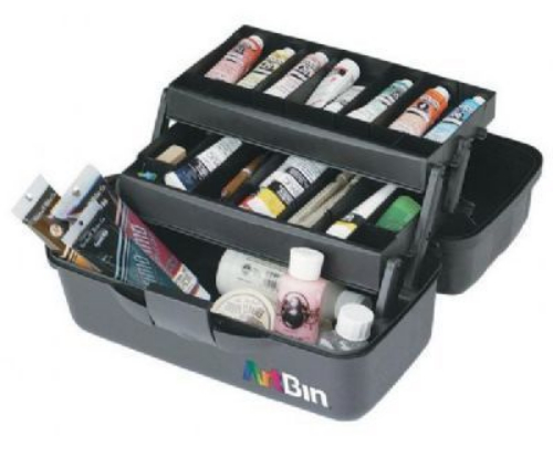Alvin 8627AB Artbin Essentials Two-Tray Box; Made of durable plastic with tongue-and-groove construction; Removable tray dividers create storage compartments for different sized supplies; Tip-Guard supports elevated trays without tipping for viewing of supplies in lower tray and bottom bin; Secure, tight latch; Overall size: 15