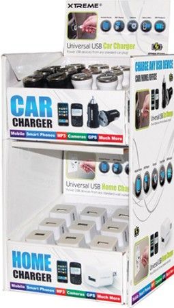 Xtreme 88000 Car and Travel Charger USB Adapter Display (36 Pieces) For use with Mobile phones, MP3 players, Cameras, Camcorders and GPS; Car tray includes 24 pieces; Home tray includes 12 pieces; 1000mAh power compatibility; Removable trays for display; UPC 805106880002 (88-000 880-00)