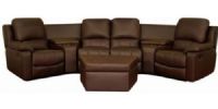 Wholesale Interiors 8802-BRN-7PC-Home-Theatre-Sets Home Theater Seating Curved Row in Brown, Two storage spaces in console, Four cup holders in console, Plush polyurethane foam cushions, Hardwood construction, Leggett and Platt reclining mechanism, Plastic cup holders as added value, Top grain leather on all the seating surfaces, 31" W Recliner Seat, 45" W Love Seat, 149" in back 112" in front Seats arch, 24.5"Dx 24"-36"Wx 17"H Ottoman, UPC 878445004057 (8802BRN7PC 8802-BRN-7PC 8802 BRN 7PC) 