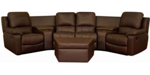 Wholesale Interiors 8802-BRN-7PC-Home-Theatre-Sets Home Theater Seating Curved Row in Brown, Two storage spaces in console, Four cup holders in console, Plush polyurethane foam cushions, Hardwood construction, Leggett and Platt reclining mechanism, Plastic cup holders as added value, Top grain leather on all the seating surfaces, 31