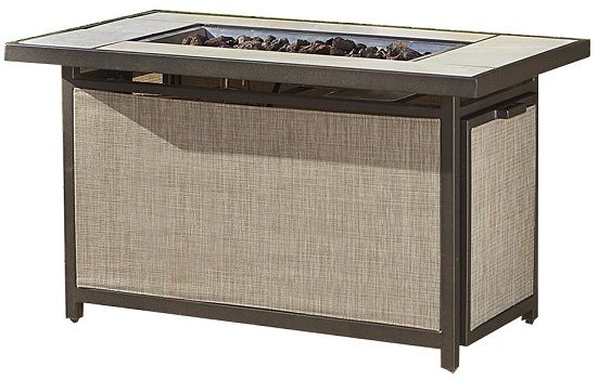 Cosco 88533DBTE Dark Brown Outdoor Serene Ridge Aluminum Propane Gas Fire Pit Table with Lid, Rectangular; Starts easily with electronic ignition, Starter uses 1 AA Battery; BTU rating of 40,000 BTU/hour; CSA Certified; Durable structural integrity; Easy to clean, maintain and move; Uses 20-lb propane tank with Type A valve, not included; UPC 044681880193 (88533 DBTE 88533-DBTE)