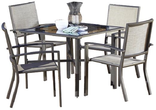 Cosco 88538DBTE Dark Brown Outdoor 5 Piece Serene Ridge Aluminum Patio Dining Set; Outdoor protected fabric; Durable, light-weight powder-coated aluminum frames; Assembly required with All hardware and tools included; Umbrella opening in center of table; UPC 044681880230 (88538 DBTE 88538-DBTE)
