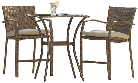 Cosco 88594ABTE Brown Outdoor 3 Piece High Top Bistro Lakewood Ranch Steel Woven Wicker Patio Balcony Furniture Set with Cushions; Powder-coated steel frame is weather resistant; Removable cushions for easy cleaning; Assembly required with all hardware and tools included; UPC 044681880285 (88594-ABTE 88594 ABTE)
