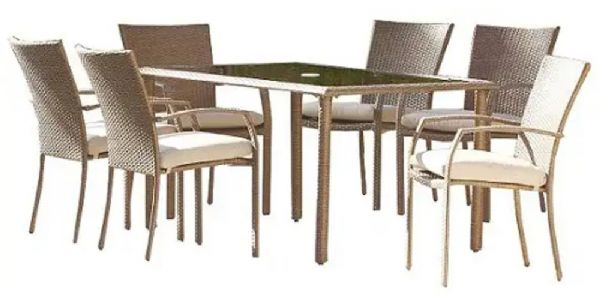 Cosco 88597ABTE Brown Outdoor 7 Piece Lakewood Ranch Steel Woven Wicker Patio Dining Set with Cushions; Removable cushions for easy cleaning; Assembly required with hardware and tools included; Powder coated steel frame is weather resistant; Tempered glass-topped table; Umbrella opening in center of table; UPC 044681880308 (88597-ABTE 88597 ABTE)