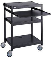 Safco 8934BL Steel Adjustable Projector Cart, Black; Includes a pullout steel shelf that is perfect for holding a laptop during a presentation; Powder Coat Paint/Finish; 3 Shelves; Shelf Dimensions 24"w x 18"d; 4 Swivel Casters (2 Locking); 4" Diameter Wheel/Caster Size; 40 lbs. Shelf Capacity; Steel Material; Dimensions 27"w x 18"d x 36"h; Weight 62 lbs. (8934-BL 8934 BL 8934B) 