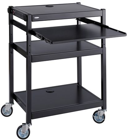 Safco 8934BL Steel Adjustable Projector Cart, Black; Includes a pullout steel shelf that is perfect for holding a laptop during a presentation; Powder Coat Paint/Finish; 3 Shelves; Shelf Dimensions 24
