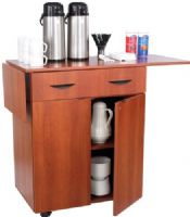 Safco 8962CY Hospitality Service Cart, Cherry; 150 lbs. (total), 15 lbs. (drop leaves), 10 lbs. (drawer), 40 lbs. (top), 40 lbs. (bottom shelf) Weight Capacity; Drawer Dimensions 27 1/2"w x 18 1/4"d x 5"h; Keyed random, Keyed alike, 2 keys included; 3/4" Material Thickness; Laminate Paint/Finish; 2 1/2" Shelf Adjustablity; Top Dimensions 32 1/2" w x 20 1/2" d (8962-CY 8962 Y 8962C) 