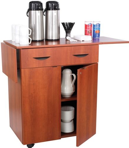 Safco 8962CY Hospitality Service Cart, Cherry; 150 lbs. (total), 15 lbs. (drop leaves), 10 lbs. (drawer), 40 lbs. (top), 40 lbs. (bottom shelf) Weight Capacity; Drawer Dimensions 27 1/2