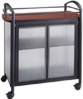 Safco 8966BL Impromptu Refreshment Cart, Cherry Top/Black Frame; 200 lbs. Weight Capacity; Powder Coat Paint/Finish; Top Dimensions 34"w x 17"d; 2 1/2" Diameter Wheel/Caster Size; 100 lbs. top shelf, 50 lbs middle shelf Capacity; Laminate, Translucent Polycarbonate and Steel Materials; GREENGUARD; Four swivel casters, (2 locking); Dimensions 34"w x 21 1/4"d x 36 1/2"h; Weight 51 lbs. (8966- BL 8966BL 8966B) 