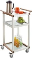 Safco 8968SL Small Refreshment Cart, Silver; 200 lbs. per shelf Weight Capacity; 1/4" thick tempered glass Material Thickness; 3 Shelves; Tray Dimensions 1/2" to 3/4" lip on each shelf, 14 12" L x 15"W, 1/2" to 3/4" lip on each shelf; Dimensions 22"w x 16 3/4"d x 35"h (8968-SL 8968 SL 8968S) 