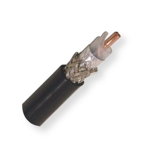 Belden 89913 0101000 RG8 AWG10, 50 Ohm, Low Loss Coax Cable; Black; 10 AWG solid 0.108-Inch bare copper conductor, CMP Plenum rated; Semi-solid FEP insulation; Duobond II Tinned copper braid shield; Fluorocopolymer jacket; UPC 612825221463 (BTX 899130101000 89913 0101000 89913-0101000)