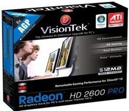 VisionTek 900182 Radeon HD 2600 PRO Graphics adapter, ATI Radeon HD 2600PRO Graphics Processor / Vendor, 600 MHz Clock Speed, 512 MB Video Memory Installed, 128-bit Technology DDR2 SDRAM, 800 MHz Memory Clock Speed, DirectX 9.0, OpenGL 2.0, DirectX 10 API Supported, 2 Max Monitors Supported, HDTV out TV Interface, UPC 784090022479 (900-182 900 182) 
