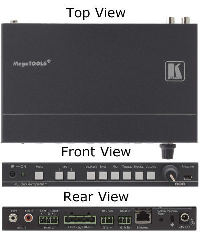 Kramer Electronics 908 Stereo Audio Amplifier & Switcher (40 Watts per Channel); USB Port - For firmware update; AMPLIFIER TYPE: Class D; POWER CONSUMPTION: 24V DC, 2A; PRODUCT DIMENSIONS: 18.75cm x 11.50cm x 2.54cm (7.38