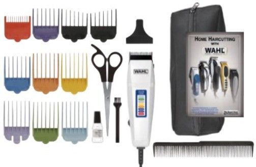 Wahl 9155-2008 Color Code 17-Piece Color Coded Hair Cutting Kit; Includes Eight color-coded locking guide combs allow for the right cut, every time; Features Wahls patented precision ground blades that stay sharp longer; Clipper comes complete with a chart to show the length each color is for easy reference; UPC 043917002019 (91552008 9155 2008) 