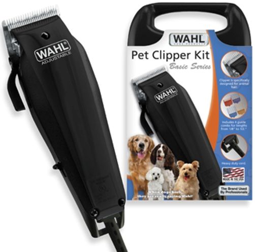 Wahl 9160-210 Basic Series Pet Clipper Kit, Complete kit features specially designed, electro-magnetic motor clipper that delivers increased power and cutting action, making it great for light duty clipping and trimming, Thumb-adjustable taper control adjusts blades to sizes #30, #15, #10 with a simple flip of the lever, UPC 043917916026 (9160210 9160 210)