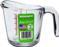Kitchen Classics 91659LIB Measuring Cup 8 oz, 3.75" approx. diameter at top, Clear Glass, Made in USA, Ounce, Cup, Milliliter and Deciliter Measurements Markings in Red Print, Oven, Freezer, Dishwasher & Microwave Safe, Handle & Spout for Easy Pouring, Packaged with a Color Retail Label, UPC 896126001126 (91659LIB 91659-LIB 91659 LIB) 