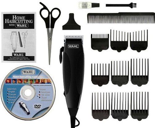 Wahl 9243-2108 HomeCut 16-Pieces Complete Hair Cutting Kit; Includes: 1 multi-cut clipper, 1 blade guard, 1 Styling comb, Scissors, 1 Cleaning brush, 1 Blade oil, 1 DVD, 1 left ear taper, 1 right ear taper, 9 guide combs (3mm, 6mm, 10mm, 13mm, 16mm, 19mm, 25mm); Super easy step-by-step how to DVD; Soft touch grip for comfort and control; UPC 043917000657 (92432108 9243 2108 924-32108 92432-108) 